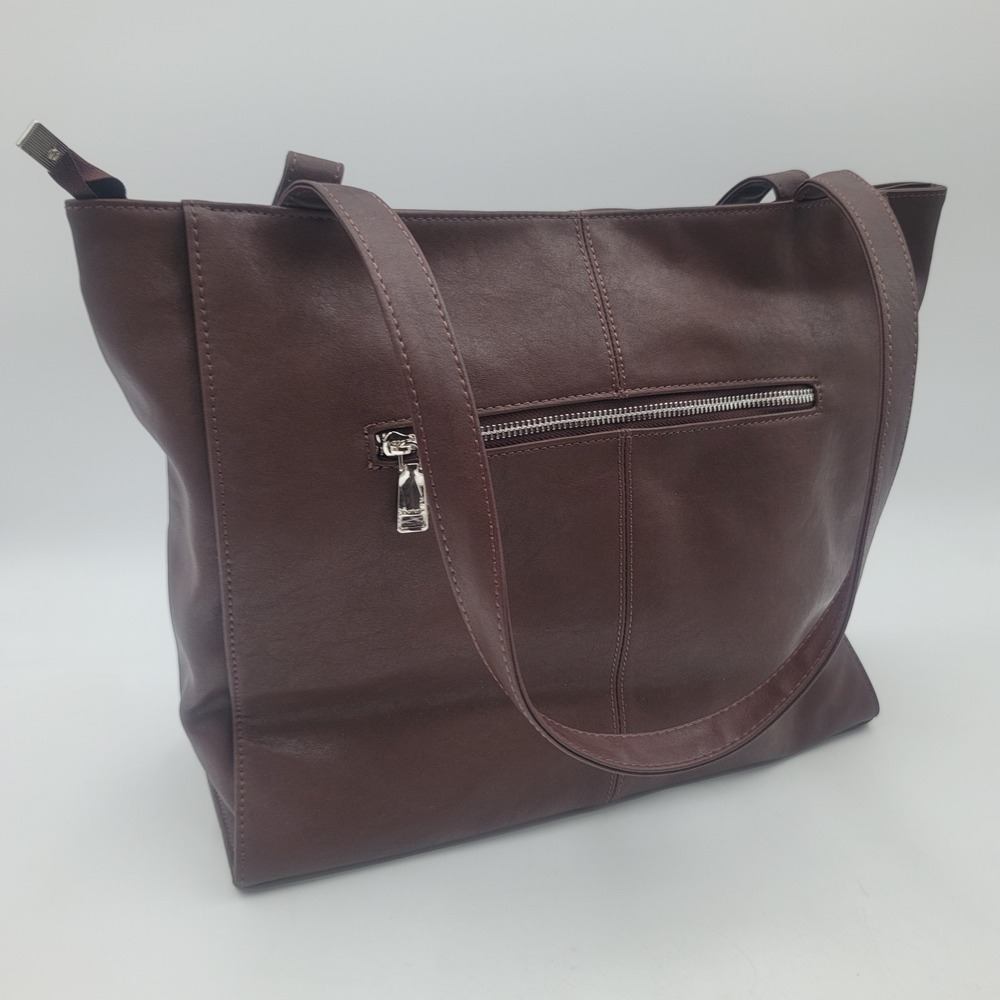 Befen Brown Leather Tote Bag Laptop Compartment Shoulder Bag Silver Hardware